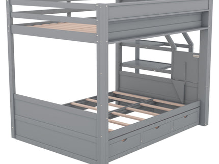 Wood Full Size Convertible Bunk Bed With Storage Staircase, Bedside Table, And 3 Drawers - Gray
