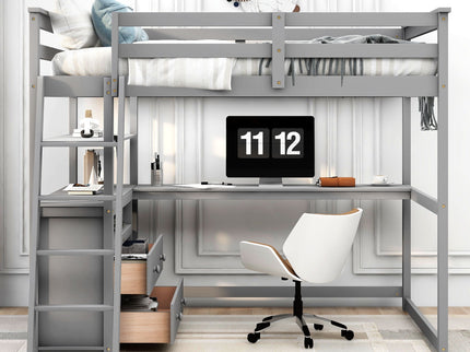 Modern Loft Bed With Built In Desk, Shelves, And 2 Drawers