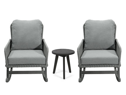 Modern 3 Piece Outdoor Seating Set With Cushioned Rattan Rocking Chairs And Wooden Accent Table