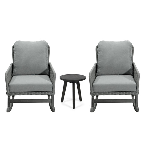 Modern 3 Piece Outdoor Seating Set With Cushioned Rattan Rocking Chairs And Wooden Accent Table