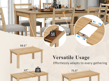 7 Piece Dining Set With Extendable Table, 2 Drawers & 6 Upholstered Chairs