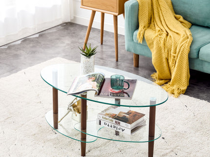 Transparent Oval Glass Coffee Table, Modern Table In Living Room Oak Wood Leg Tea Table 3-Layer Glass Table
