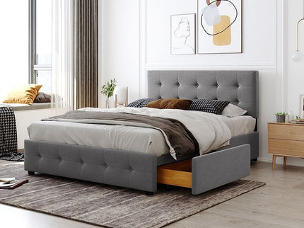 Upholstered Platform Bed With Classic Headboard And Drawers, No Box Spring Needed