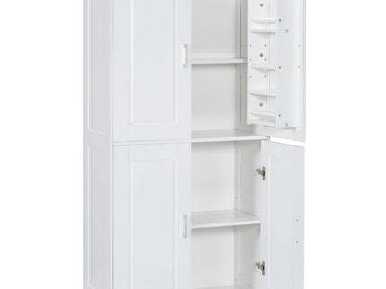 Tall And Wide Bathroom Floor Storage Cabinet With 4 Doors, Adjustable Shelves - White