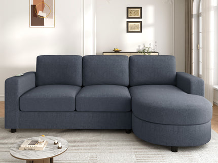 Modern L-Shaped Sectional Sofa With Curved Chaise, USB Ports, And Side Storage Pockets