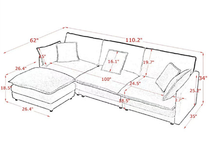 L-Shaped Sectional Sofa With Ottoman, Convertible 4 Seater Couch