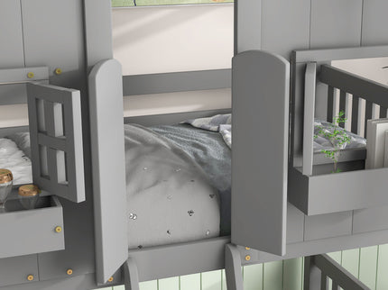 House Bunk Bed With Roof, Window, Window Box, Door, With Safety Guardrails And Ladder