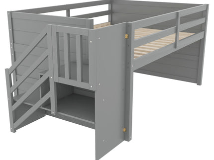Low Loft Bed Frame With Built In Stairs, Storage Drawer, Shelf And 7 Color LED Light