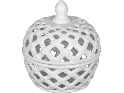 Ceramic Lidded Jar With Lattice Design - White