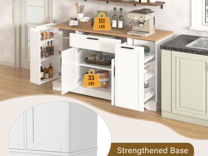 Sideboard With Extendable Table, Adjustable Shelves, 3 Tier Pull Out Rack - White