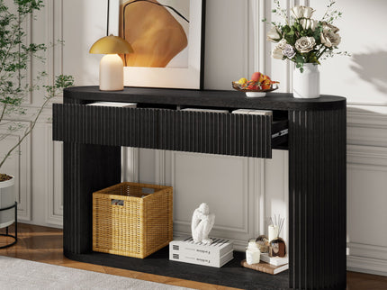 Oval Fluted Console Table With 2 Drawers And Bottom Shelf