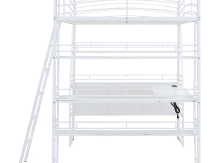Loft Bed With 4 Layers Of Shelves And L-Shaped Desk, Stylish Metal Frame Bed With A Set Of Sockets, USB Ports And And Wireless Charging