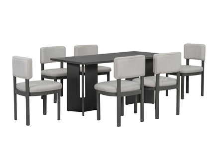 Dining Table Set With 6 Upholstered Chairs, Rectangular Table With Cutout Legs