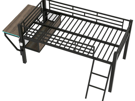 Gaming - Twin Loft Bed With Desk And LED - Black