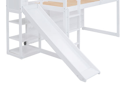 House Loft Bed With Slide, Storage Shelves And Light, Climbing Ramp