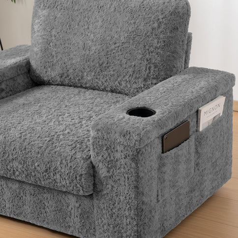 Oversized Chaise Lounge Indoor Rabbit Fur Sofa Bed With Storage Ottoman And Armrests Cup Holders With Deep Seat
