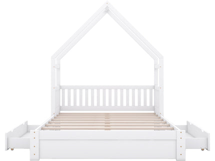 House Style Platform Bed With Guardrail And 2 Drawers