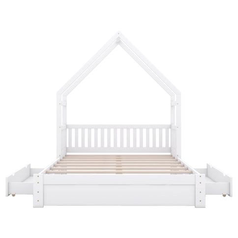 House Style Platform Bed With Guardrail And 2 Drawers