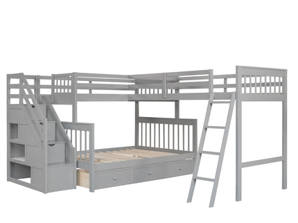 Solid L Shaped Bunk Bed With 3 Drawers, Ladder And Staircase