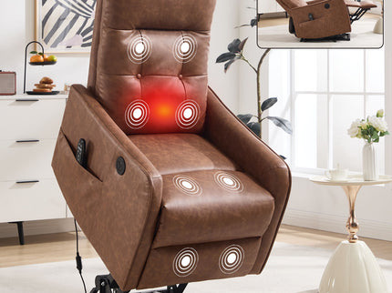 Single Motor Power Lift Recliner Chair With Massage And Heat, USB For Charging - Brown