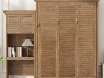 Queen Size Murphy Bed With Louvered Design And Multiple Storage Shelves - Wood