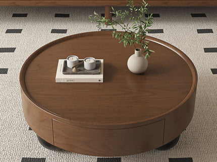 Round Coffee Table With Storage Drawer And Ball Feet - Walnut / Black