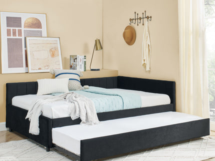 Full Size Upholstered Daybed With Trundle, Tufted Backrest And Armrests - Black