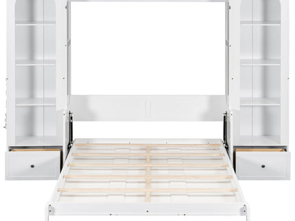 French Style Murphy Platform Bed With Shelf, Side Cabinets, Drawers And LED