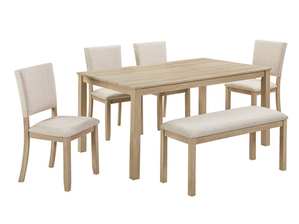 6 Piece Dining Table Set With Bench - Beige / Light Oak