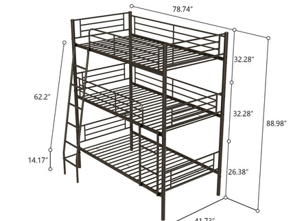 Twin Size Metal Triple Bunk Bed For Bedroom And Dormitory, Convertible Into 3 Separate Beds - Black