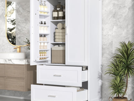 Tall Bathroom Storage Cabinet With 2 Doors And Drawers, Adjustable Shelf