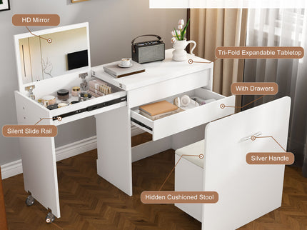 Folding Desk With Mirror And Storage Stol For Bedroom