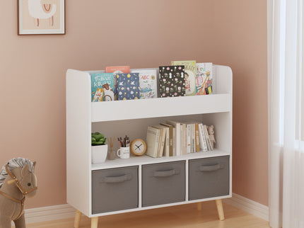 Bookshelf With 3 Bins, Storage Shelf For Toys And Books - White