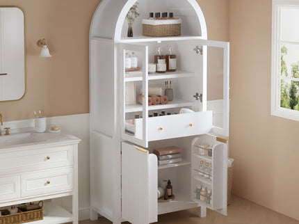 Fluted Tall Arched Pantry Cabinet With Adjustable Shelves, Glass Door & Hidden Drawer For Kitchen