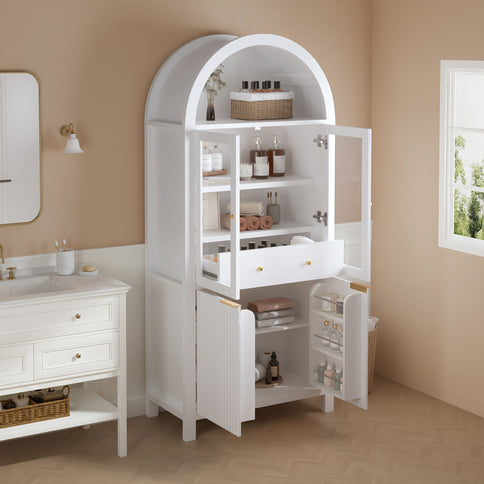 Fluted Tall Arched Pantry Cabinet With Adjustable Shelves, Glass Door & Hidden Drawer For Kitchen