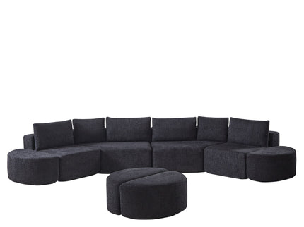 Modular Sectional Sofa With 6 Pillows And 4 Curved Footstools For Living Rooms - Black