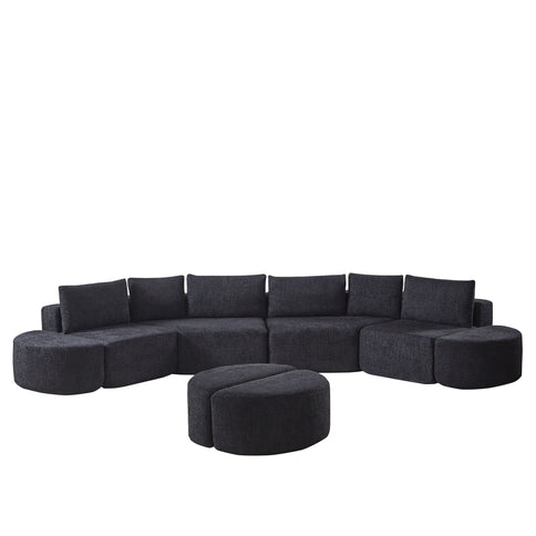 Modular Sectional Sofa With 6 Pillows And 4 Curved Footstools For Living Rooms - Black