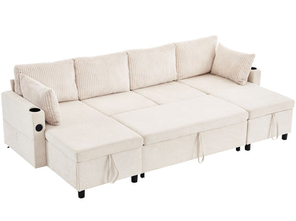 Sectional Sofa Bed With Pull Out Sleeper, USB Ports, Cup Holders