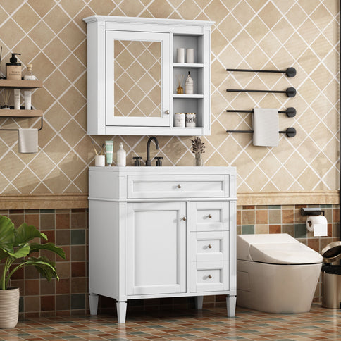 Bathroom Vanity With Top Sink, Storage Cabinet With 2 Drawers And Tip Out Drawer, Freestanding Set With Mirror Cabinet