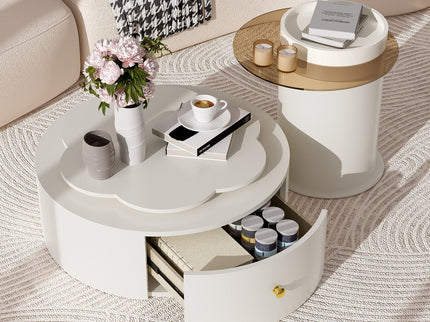 Modern Round Coffee Table (Set of 2), 360 Degree Rotatable Flower Shaped Top With 2 Drawers, Top Circle Side Table End Table With Glass For Living Room - Off White
