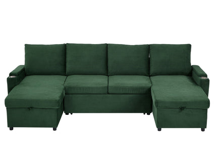 U Shaped Sectional Sofa Bed With Storage Chaise Lounges, USB Ports, And Cup Holders