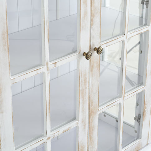 Vintage Display Cabinet With Double Glass Doors, Traditional Style Hutch For Home Or Workspace Washed - White Washed