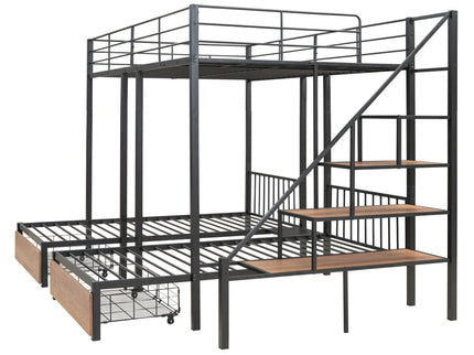 Full Over Twin-Twin Triple Bunk Bed With Drawers And Staircase - Black