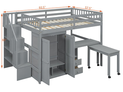 Loft Bed With Stairs, Bookshelf, Drawers, Desk & Wardrobe, Space Saving Multifunctional Furniture