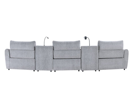 Fullar - Modular Power Motion Sectional Sofa With Console, 2 Wireless Chargers, 4 Cupholders, And 2 Speakers, 1 Phone Holder And 1 Reading Light, Adjustable Headrest - Light Gray