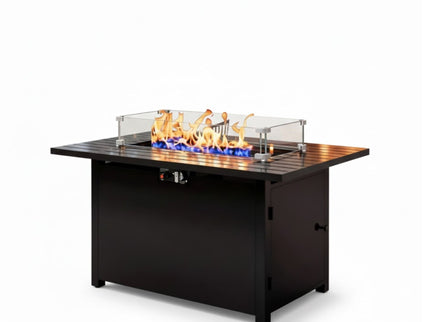 Outdoor 2 In 1 Gas Fire Pit Table With Lid & Glass Shield, Stainless Burner, Lava Rock, Rectangular Design - Black