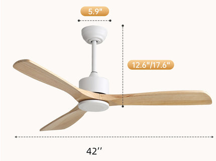 42" Ceiling Fan With No Light, Reversible DC Motor, 2 Downrods (12.5Cm / 25Cm) For Bedroom & Living Room - White