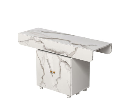 Versatile Marble Folding Dining Table With Storage Rack And Cabinet, 6 Wheels - White