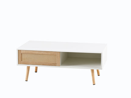 41.34" Rattan Coffee Table, Sliding Door For Storage, Solid Wood Legs, Modern Table For Living Room