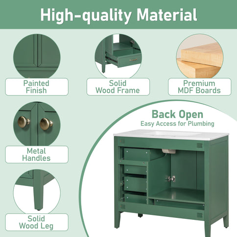 Elegant Vintage Bathroom Vanity With Sink And Soft Closing Door, 4 Drawers Of Different Sizes Frame